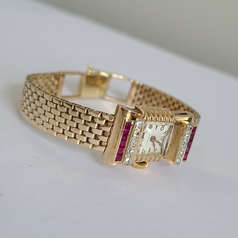 Antique 14K Yellow Gold Custom 17 Jewel Luxury Diamond Ruby Wind Up Manual Watch - Picture 5 of 16